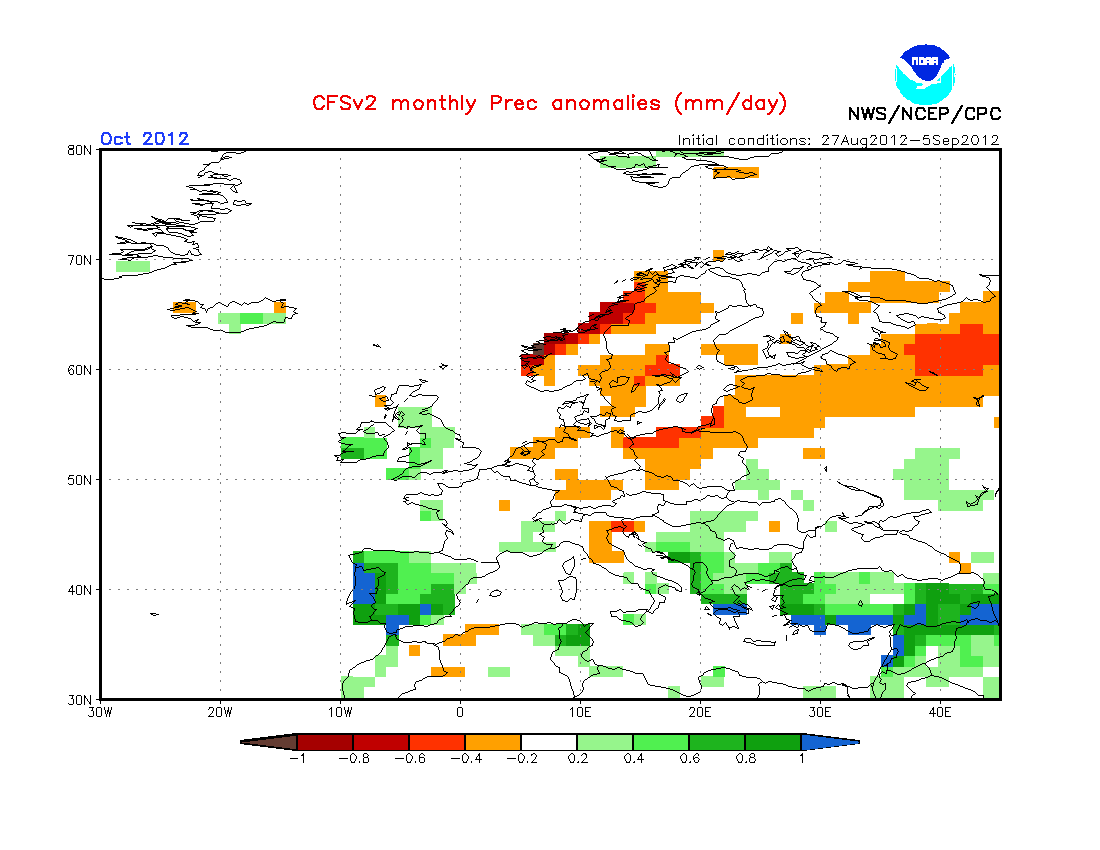 Anomalías de precipitación previstas para el mes de octubre (mm./día).
