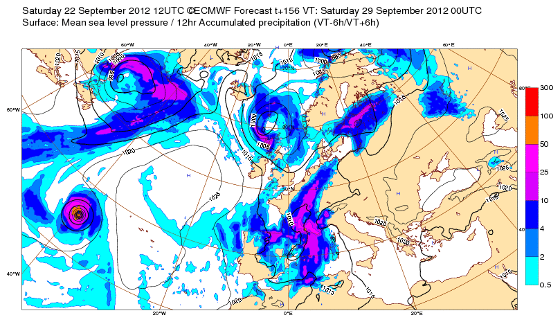 Campo isobárico de superficie (trazo negro) y precipitación acumulada en 12h, previsto para el 29.09.12, 00 UTC.