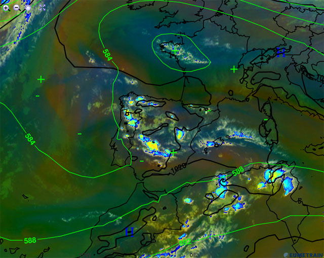 Imagen infrarroja y falso color RGB (modo masas de aire), y campo de isohipsas de 500 hPa, centrado en la Península Ibérica. 08.09.12, 18 UTC. Crédito: EUMETRAIN.