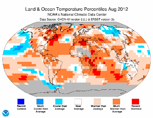 Informe climático de la Tierra. Agosto de 2012: 330º mes consecutivo más cálido que el promedio