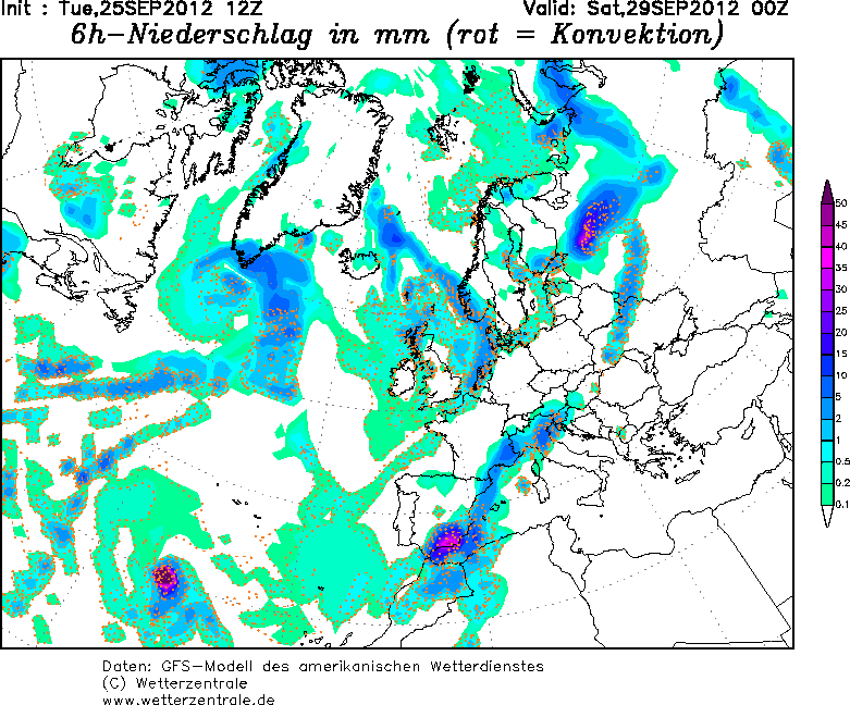 Precipitación acumulada en 6 horas prevista para el 29.09.12, 00 UTC. Modelo GFS. Crédito: wetterzentrale.