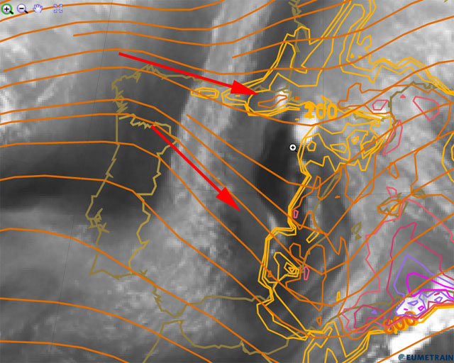 Líneas de flujo a 300 hPa e imagen en modo vapor de agua, 10.09.12, 18 UTC.