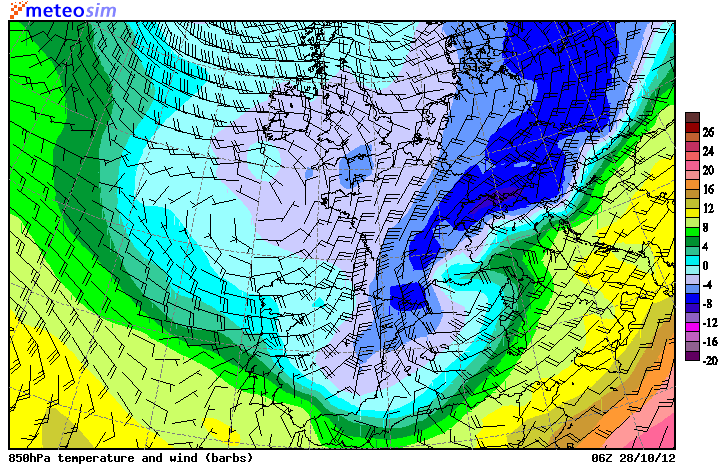Temperatura (sombreado a color) y vientos (barbas) al nivel de 850 hPa, previsto para el 28.10.12, 06 UTC. Modelo meteorológico MASS. Crédito: MeteoSIM.