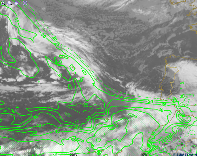 Imagen infrarroja y agua precipitable total (trazo verde), 30.10.12, 12 UTC. Crédito: Eumetrain.