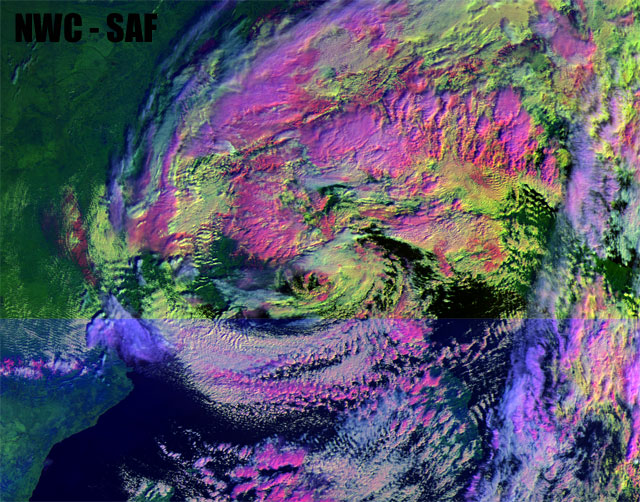 Imagen en modo visible y falso color RGB, satélite MetOp-A, 09:31 UTC.