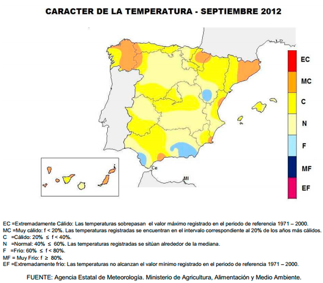 AEMET, Septiembre de 2012 algo cálido y húmedo en España
