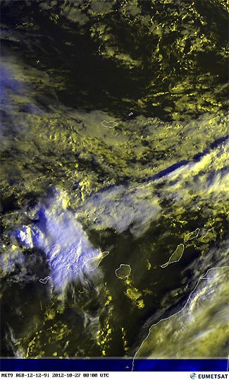 Imagen en modo visible y falso color RGB, 27.10.12, 08 UTC. Crédito: EUMETSAT.