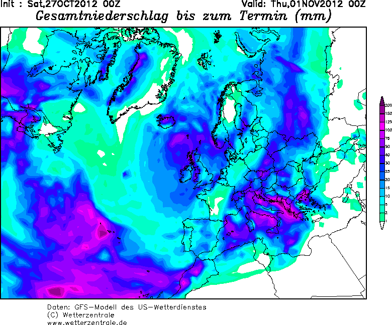 Precipitación acumulada hasta el 01.11.12, 00 UTC. Modelo meteorológico GFS. Crédito: wetterzentrale.