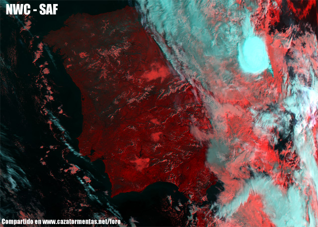 Imagen de alta resolución en modo infrarrojo y falso colo RGB. Satélite MetOp-A, 10:40 UTC.