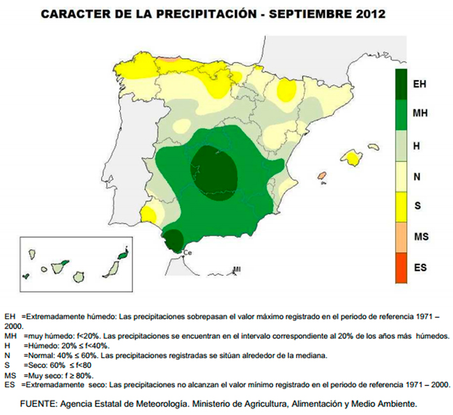 AEMET, Septiembre de 2012 algo cálido y húmedo en España