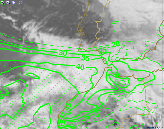 Imagen infrarroja y agua precipitable total (trazo verde), 30.10.12, 12 UTC. Crédito: Eumetrain.