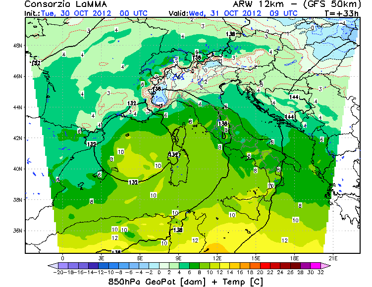 Altura geopotencial y temperatura al nivel de 850 hPa previsto para mañana a las 09 UTC. Modelo GFS.