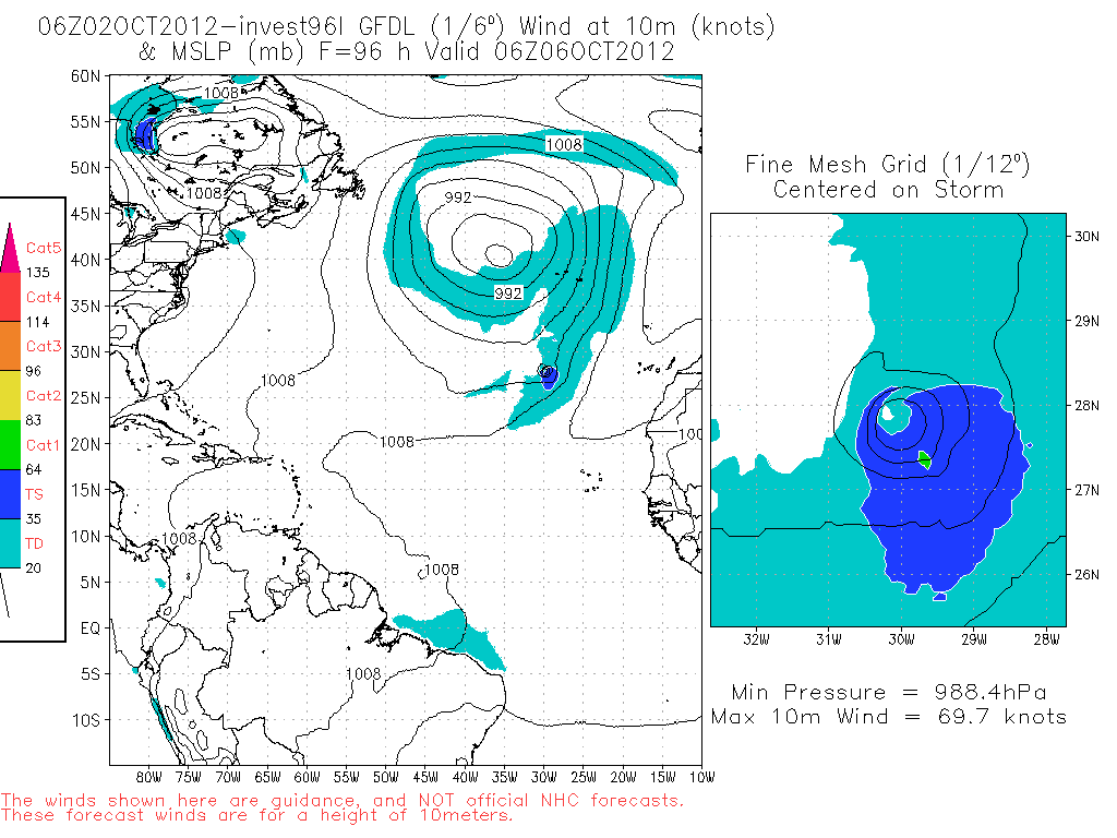 Campo isobárico de superficie (trazo negro) y viento a 10 m. (sombrado a color), previsto para el 06.10.12, 06 UTC. Modelo GFDL.