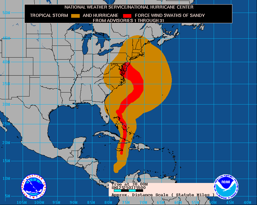 Histórico del campo de vientos con fuerzas de tormenta tropical (naranja) y huracán (rojo) asociados a SANDY.