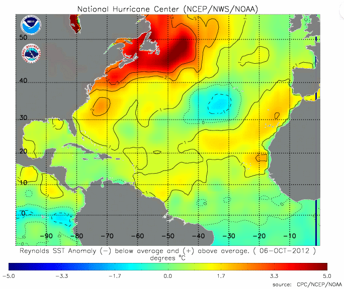 Anomalías de temperatura en aguas superficiales del Atlántico Norte, 06.10.12