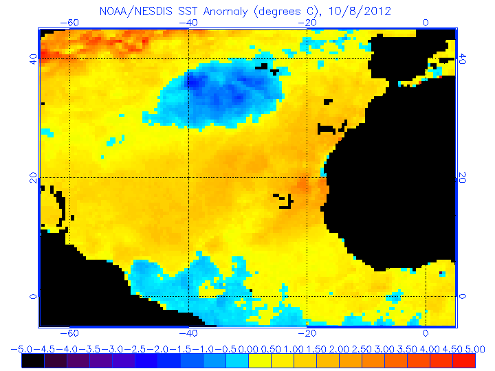 Anomalías de temperatura en aguas superficiales del Atlántico Este, 08.10.12.