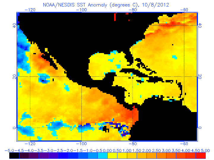 Anomalías de temperatura en aguas superficiales del Atlántico Oeste, 08.10.12.