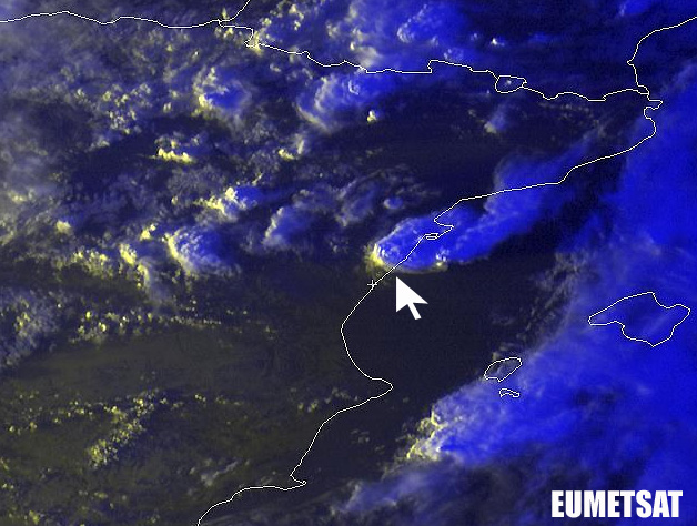 El enorme cumulonimbo de Castellón, visto desde el satélite Meteosat-9, 11.10.12, 17 UTC.