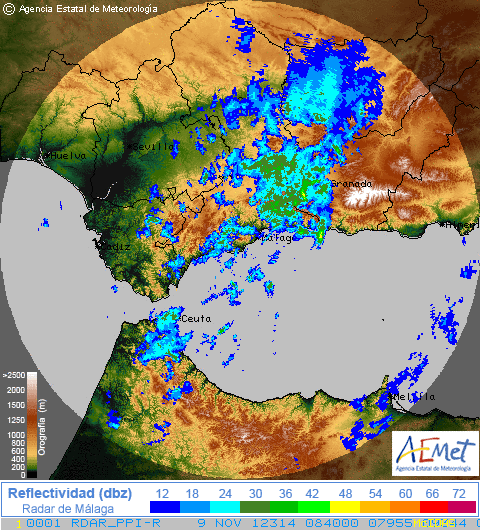 Imagen generada a partir del radar meteorológico de Málaga, 8:40 UTC.