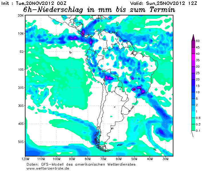 Precipitación acumulada en las 6 h anteriores al 25.11.12, 12 UTC.