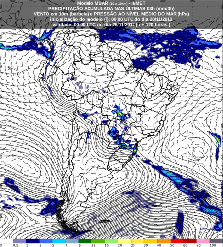 Precipitación acumulada en la 3 horas previas al 25.11.12, 00 UTC. Modelo MBAR. Crédito: INMET.