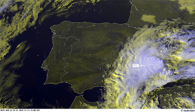 Imagen visible y falso color RGB, centrada en la Península Ibérica. Satélite Meteosat-9, 13.11.12, 15 UTC.