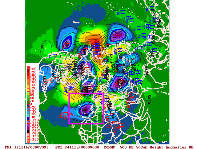 Anomalía de altura geopotencial de 500 hPa, previsto para el 16.11.12, 12 UTC. Modelo ECMWF.