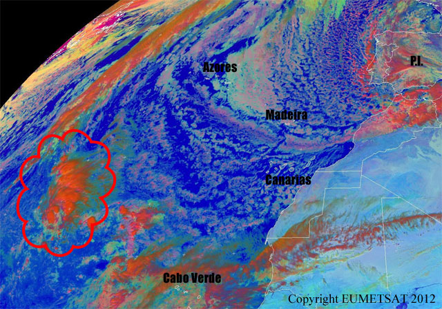 Imagen visible y falso color RGB. Satélite Meteosat-9, 30.11.12, 13 UTC.