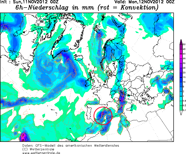 Precipitación acumulada en 6 horas prevista para el 12.11.12, 00 UTC. Modelo GFS. Crédito: wetterzentrale.