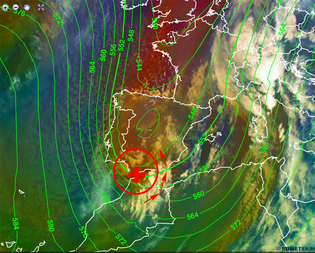 Imagen infrarroja y falso color RGB (modo masas de aire), y altura geopotencial de 500 hPa (trazo verde), centrado en la Península Ibérica, 11.11.12, 06 UTC. Crédito: EUMETRAIN.