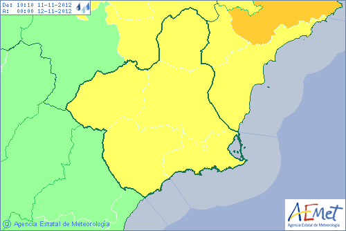 Mapa de avisos por lluvias para Murcia previsto para hoy.
