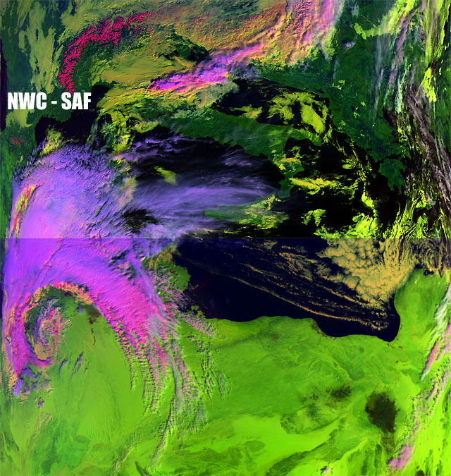 Imagen visible y falso color RGB de la depresión. Satélite MetOp-A, 13.11.12, 09 UTC.