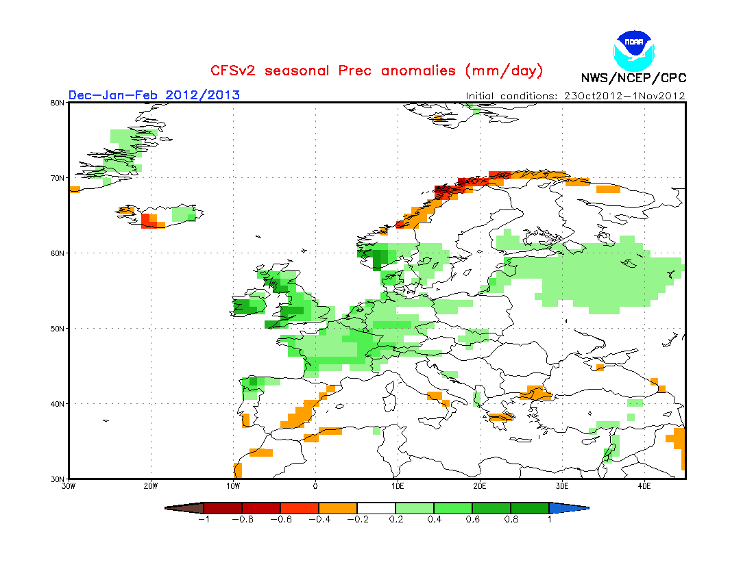 Anomalía de precipitación (mm/día) para el trimestre diciembre - febrero. Modelo CFS.