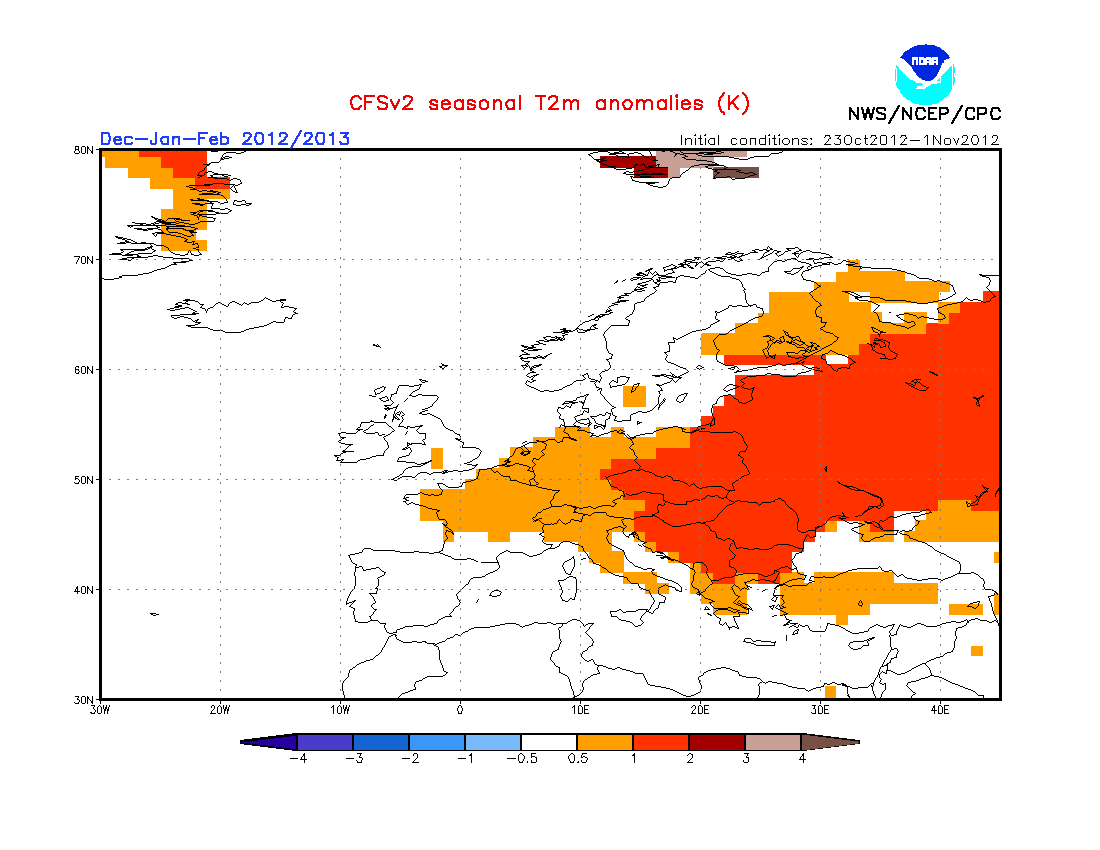 Anomalía de temperaturas a 2 m. para el trimestre diciembre - febrero. Modelo CFS.
