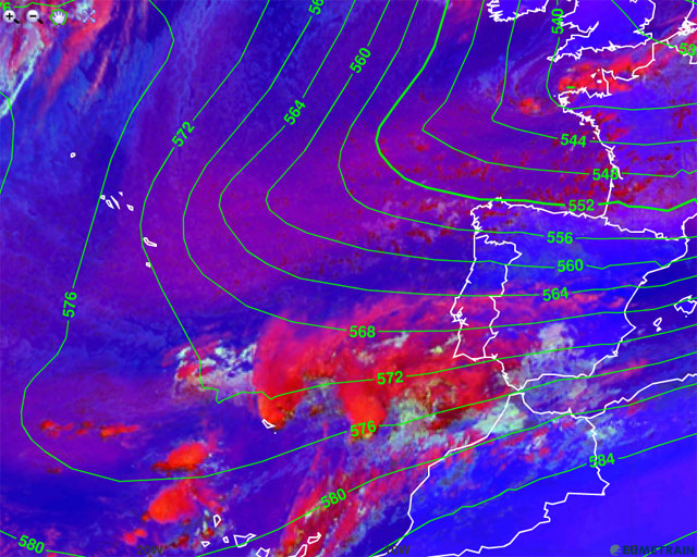 Imagen infrarroja y falso color RGB (modo convección), y campo de isohipsas de 500 hPa, 05.11.12, 12 UTC. Crédito: EUMETRAIN.