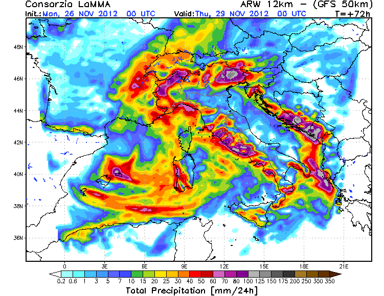 Precipitación acumulada en las 24 horas anteriores al 28.11.12, 12 UTC. Modelo ARW - GFS.