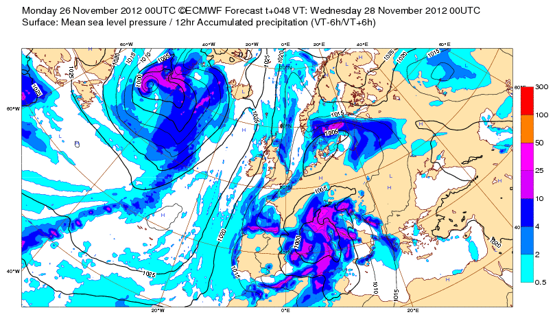 Precipitación acumulada en las 12 horas previas al 28.11.12, 00 UTC. Modelo ECMWF.
