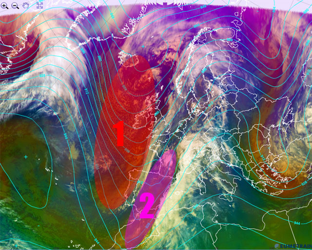 Imagen infrarroja y falso color RGB (modo masas de aire), y altura geopotencial de 300 hPa (trazo azul), centrado en la Península Ibérica. 10.11.12, 06 UTC. Crédito: EUMETRAIN.