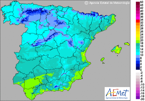 Temperaturas máximas previstas para pasado mañana en la Península y Baleares.