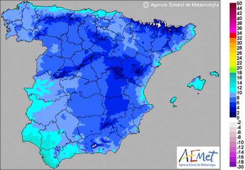Temperaturas mínimas previstas para hoy en la Península y Baleares.