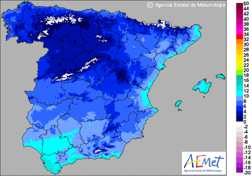 Temperaturas mínimas previstas para pasado mañana en la Península y Baleares.
