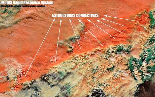 Estructuras convectivas embebidas en la nubosidad frontal. Satélite TERRA (sensor MODIS), 04.11.12.