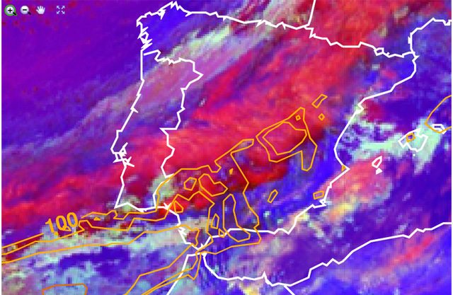 Imagen infrarroja y falso color RGB (modo masas de aire), y CAPE, centrado en la Península Ibérica. 04.11.12, 12 UTC. Crédito: EUMETRAIN.