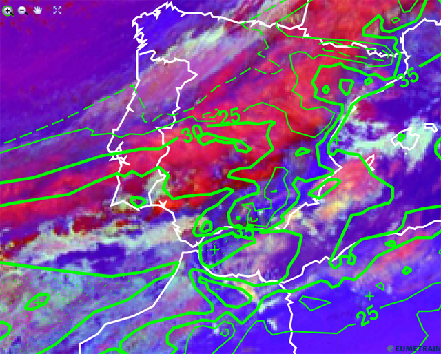 Imagen infrarroja y falso color RGB (modo masas de aire), y Agua Precipitable Total (mm), centrado en la Península Ibérica. 04.11.12, 12 UTC. Crédito: EUMETRAIN.