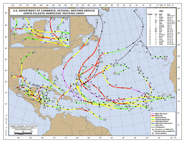 Trayectorias de las 19 tormentas nombradas de 2010. Crédito: Centro Nacional de Huracanes.