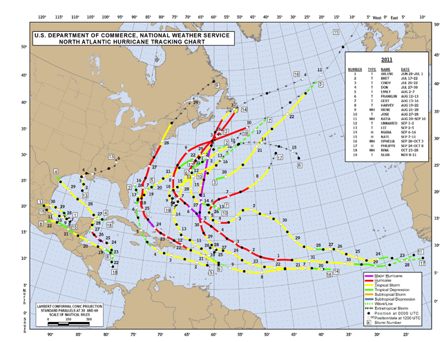 Trayectorias de las 19 tormentas nombradas de 2011. Crédito: Centro Nacional de Huracanes.