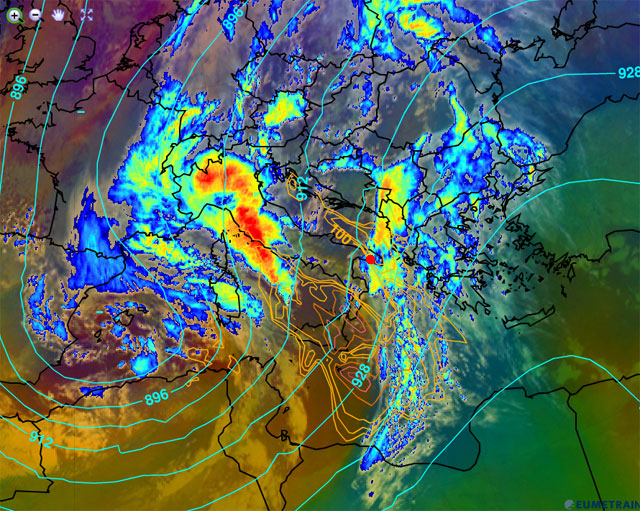 Imagen multicapa de análisis atmosférico a las 06 UTC de hoy. Crédito: Eumetrain.