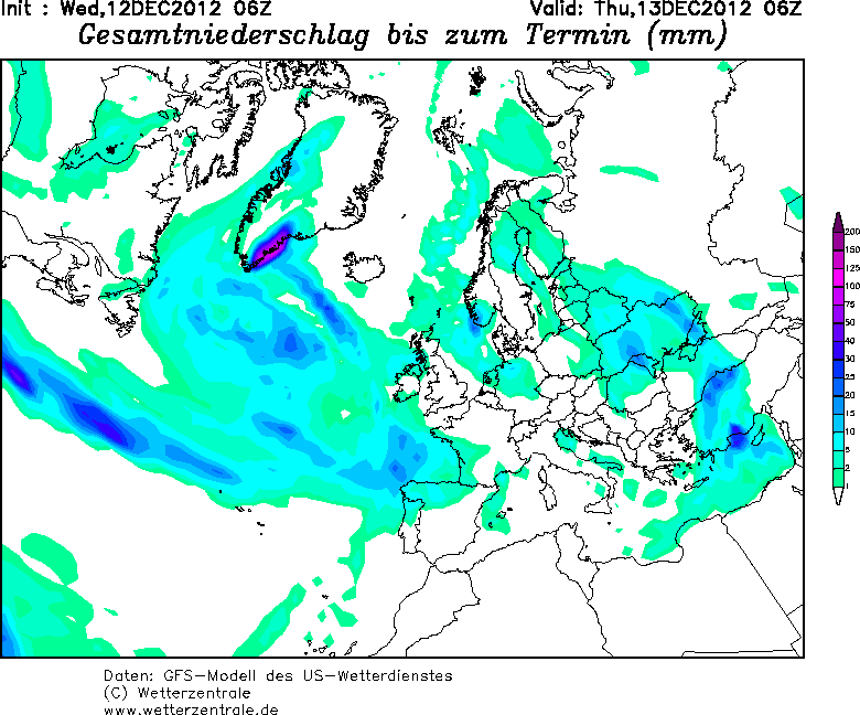 Animación con la precipitación acumulada a intervalos de 24 horas, hasta el 17.12.12, 06 UTC. Modelo GFS.