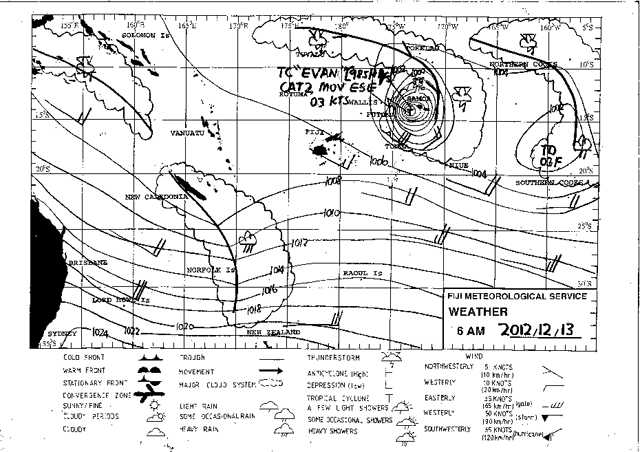 Análisis de superficie, según el Servicio Meteorológico de Fiji.