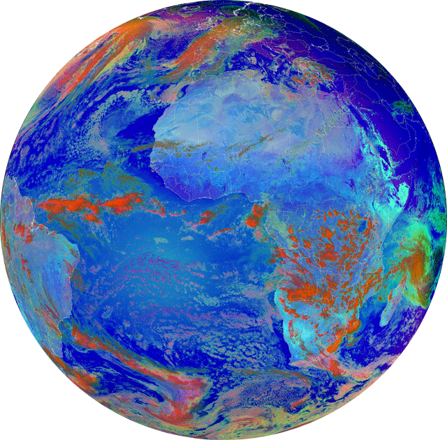 Imagen visible y falso color RGB. Satélite Meteosat-9, 31.12.12, 14 UTC. Crédito: EUMETSAT.